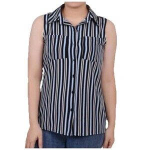 NY Collection Sleeveless Blue White Stripe Collared Button Down Shirt Size Small